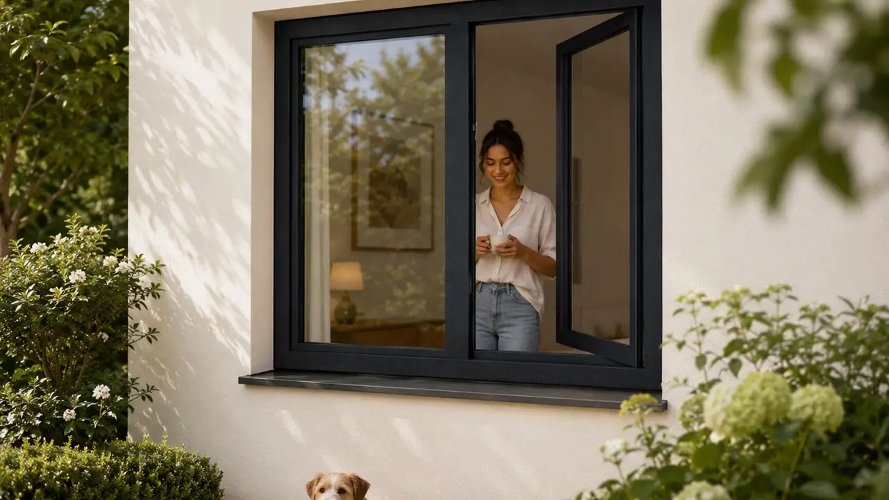 Schwarzes Fenster an heller Fassade mit Blick in den Garten