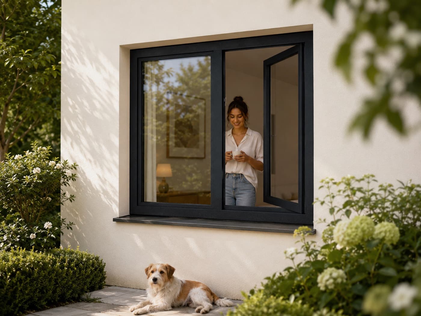 Schwarzes Fenster an heller Fassade mit Blick in den Garten