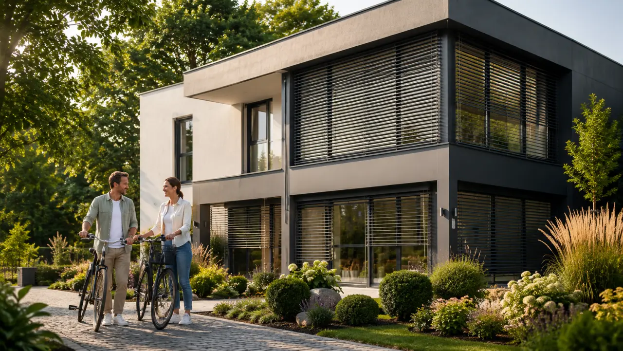 Modernes Haus mit Raffstoren an großen Glasflächen