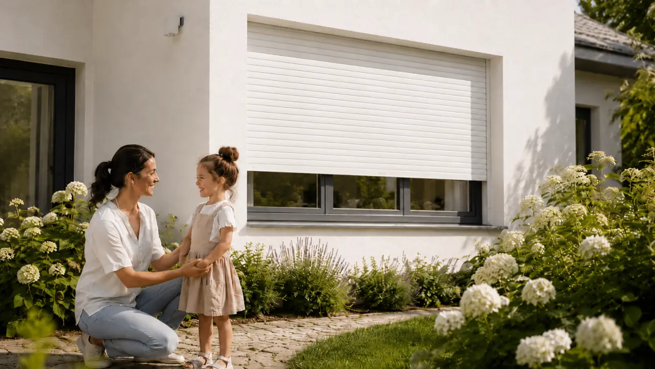 Familie vor einem Haus mit weißen Rollläden