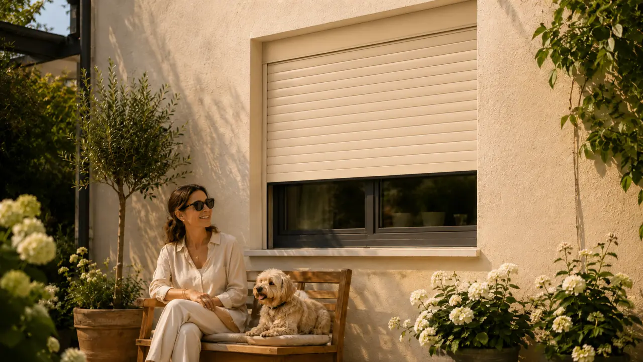 Helle Rollläden an einem Wohnhaus mit Terrasse