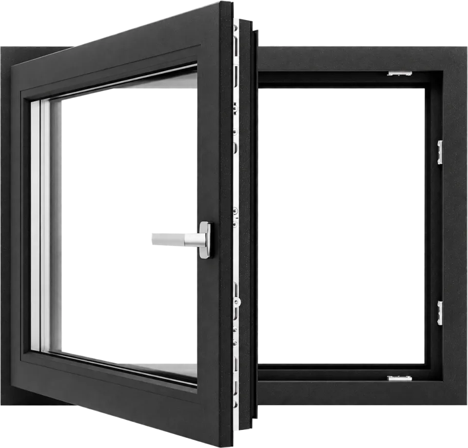 Modernes schwarzes Fenster mit geöffnetem Flügel und Beschlägen