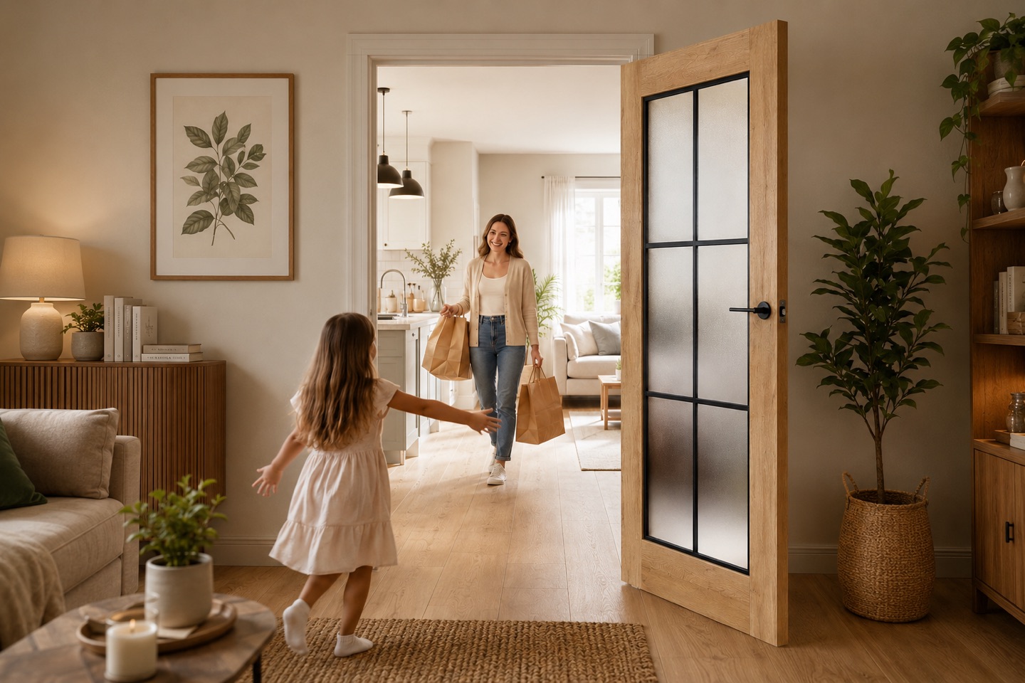 Wohnliche Innentür in Holzoptik mit Glasfeld im Familienhaus