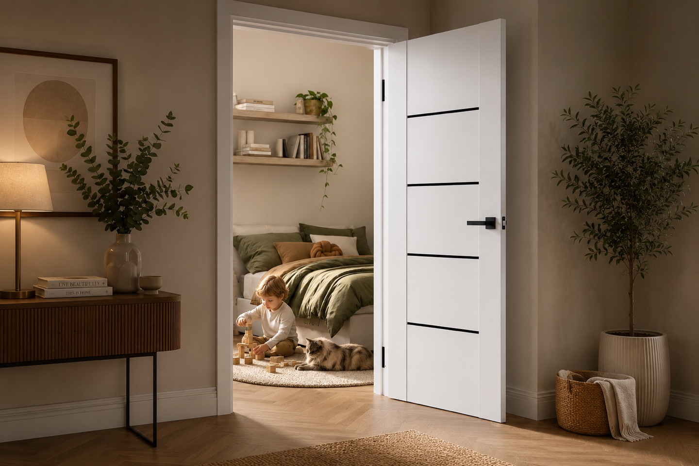 Weiße Innentür zum Schlafzimmer mit moderner Linienoptik
