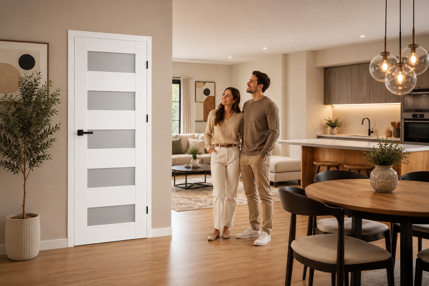 Weiße Innentür mit Glasfeldern in moderner Wohnung