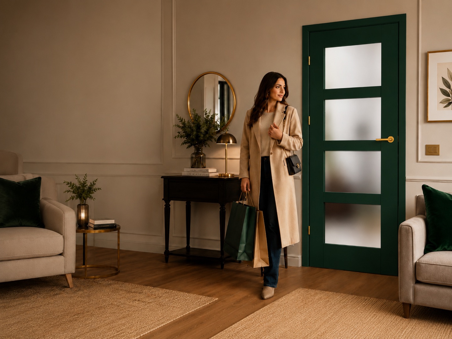 Grüne Innentür mit satiniertem Glas und goldenen Beschlägen