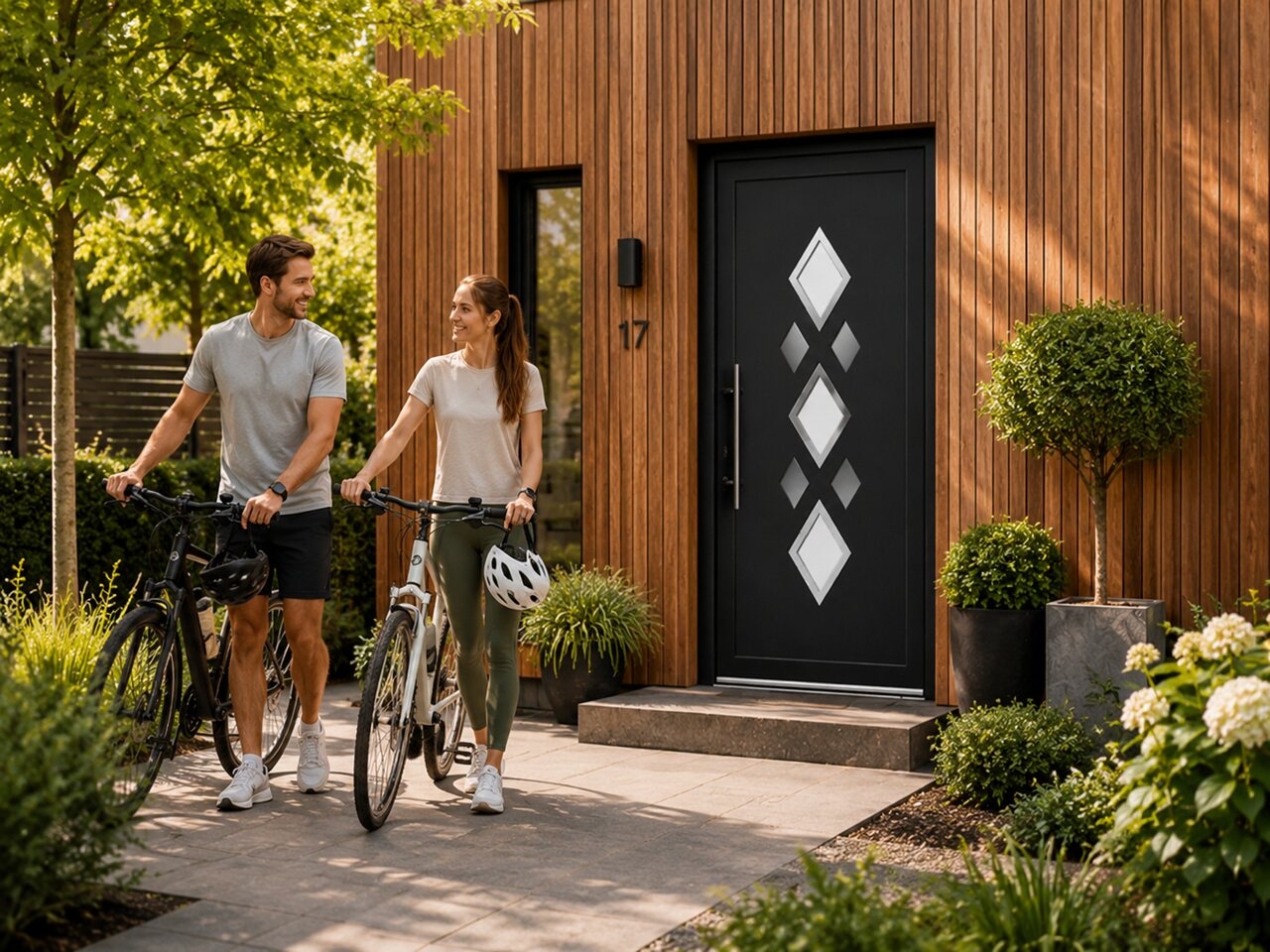 Moderne Haustür in dunkler Farbe an einem Hauseingang