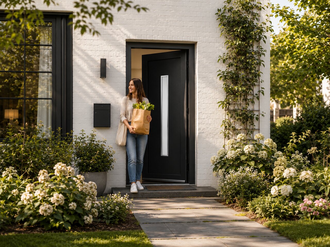 Moderne Haustür mit Blumen am Eingang